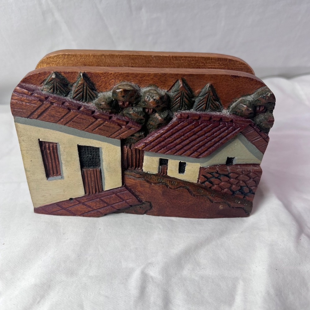 Vintage Hand Carved Wood Village Napkin Holder Letter Organizer Folk Art 6x4